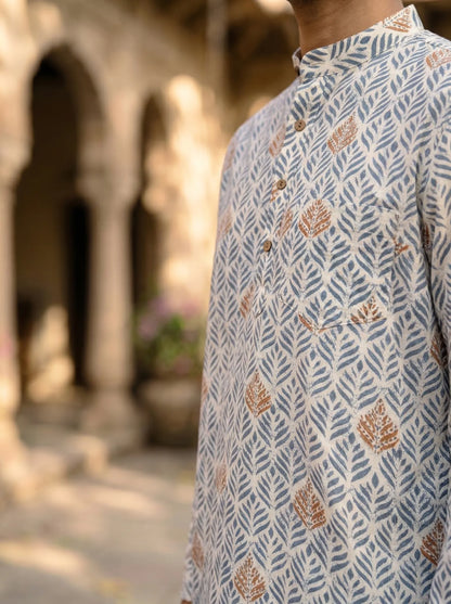Men’s Blue & Gold Leaf Print Short Kurta – Cotton Casual Ethnic Kurta - Rajvari