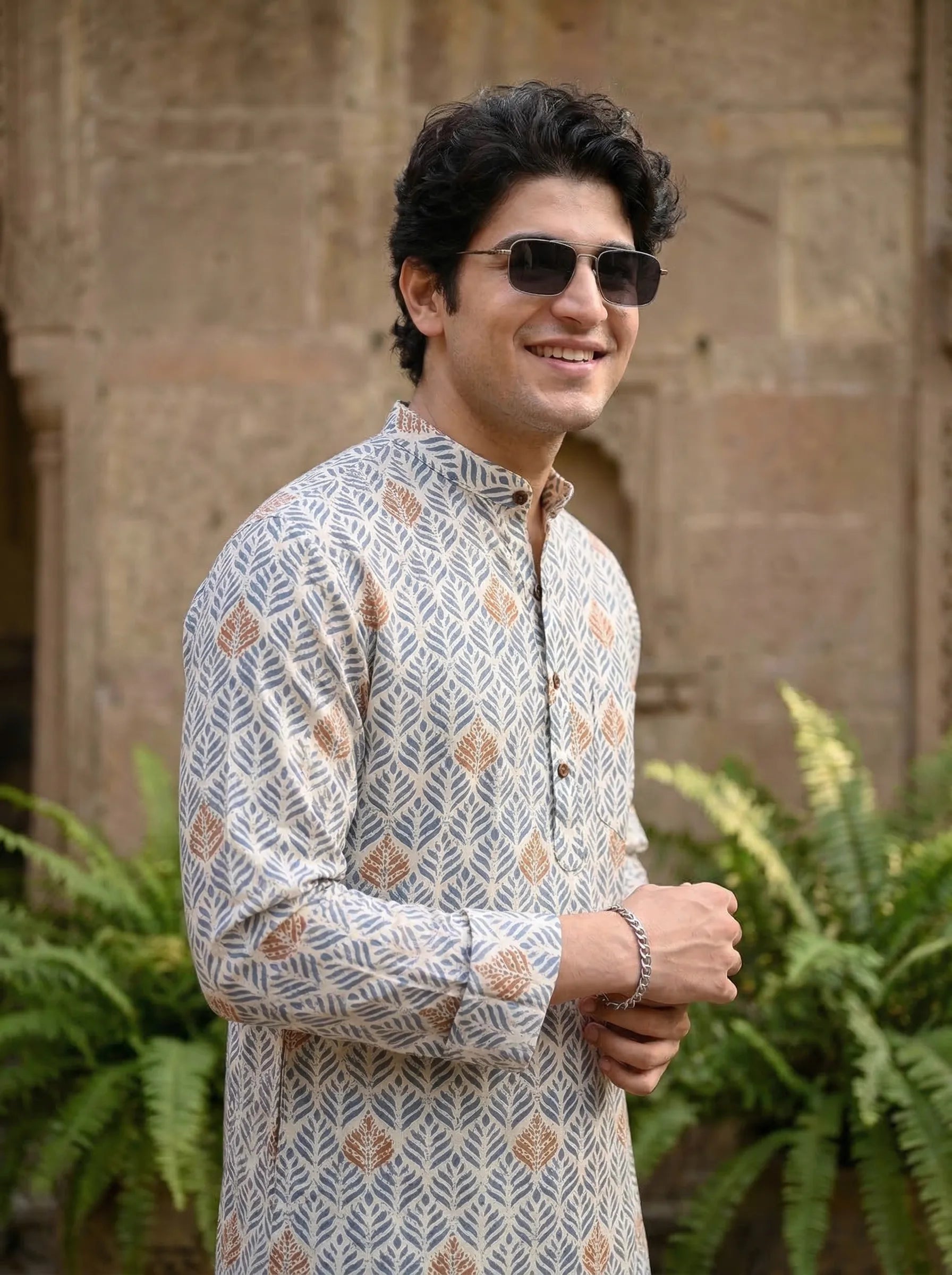 Men’s Blue & Gold Leaf Print Short Kurta – Cotton Casual Ethnic Kurta - Rajvari