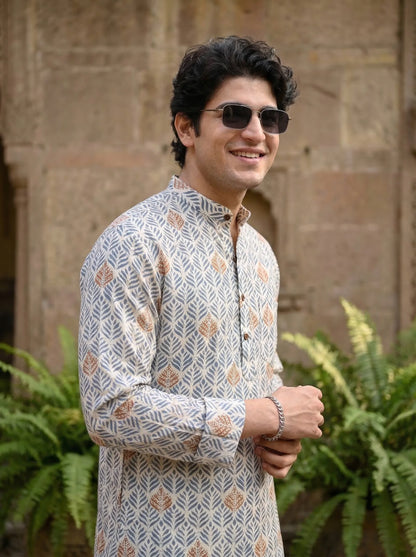 Men’s Blue & Gold Leaf Print Short Kurta – Cotton Casual Ethnic Kurta - Rajvari