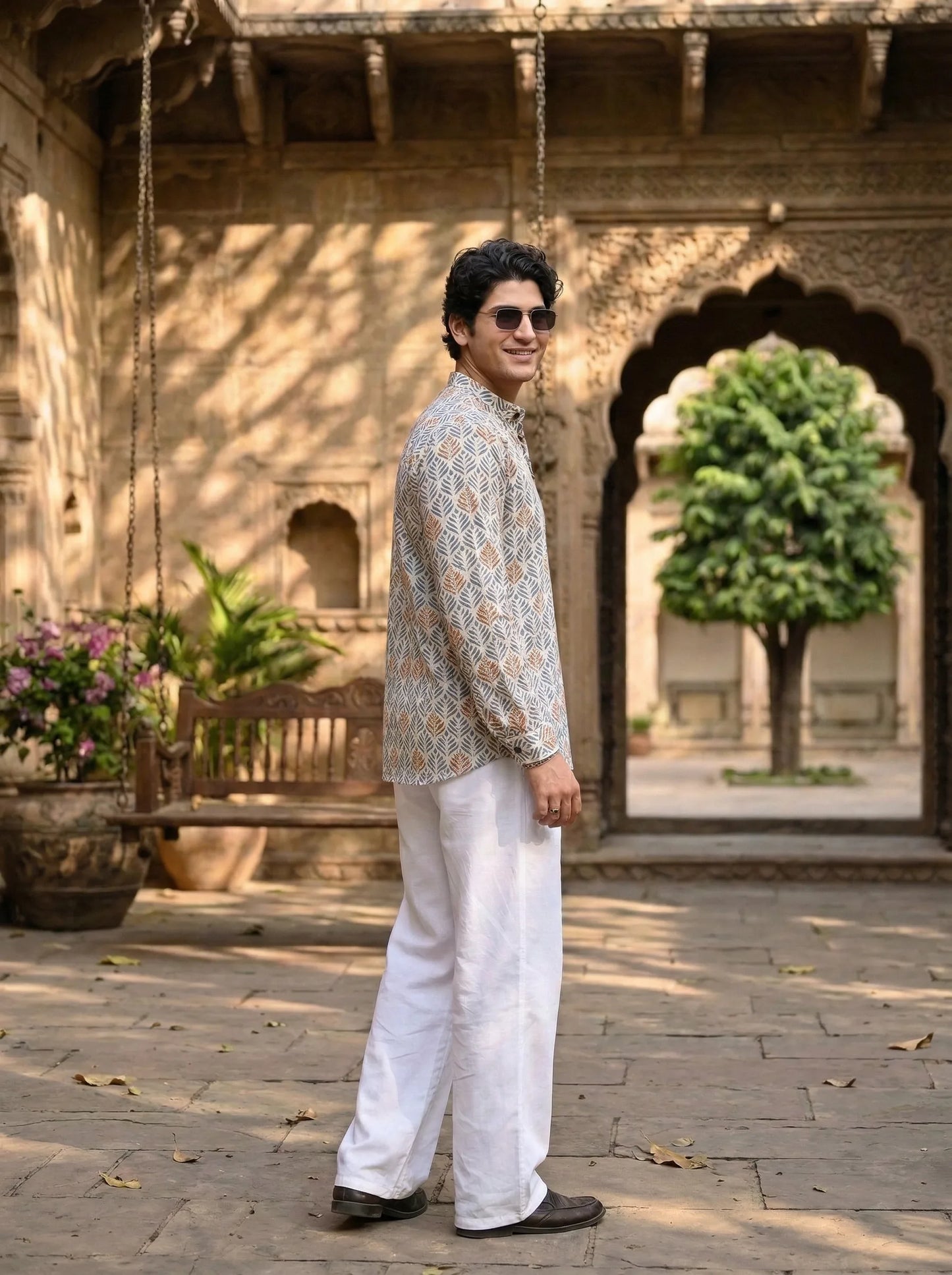 Men’s Blue & Gold Leaf Print Short Kurta – Cotton Casual Ethnic Kurta - Rajvari
