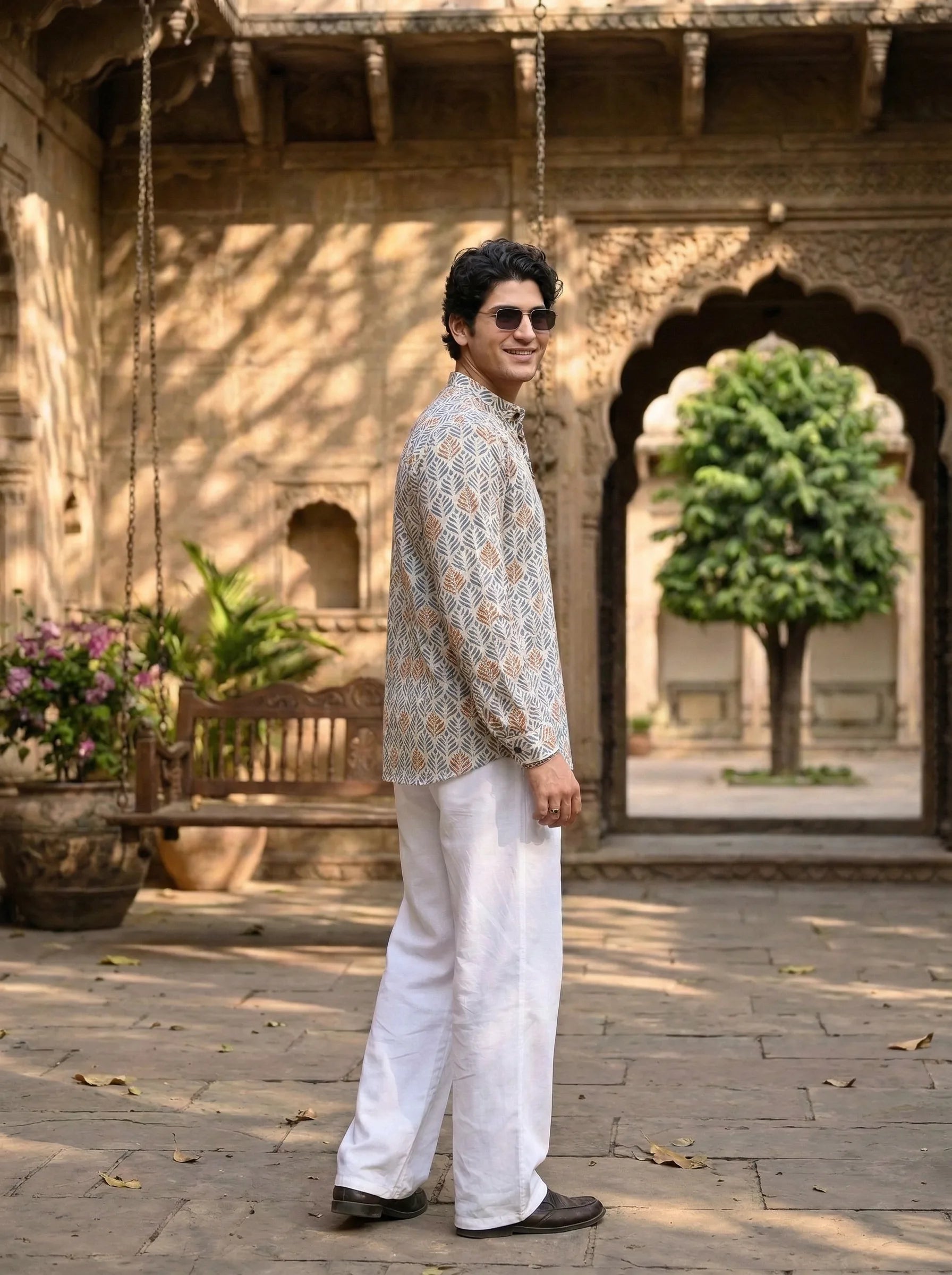 Men’s Blue & Gold Leaf Print Short Kurta – Cotton Casual Ethnic Kurta - Rajvari