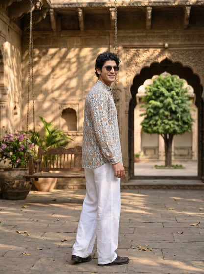 Men’s Blue & Gold Leaf Print Short Kurta – Cotton Casual Ethnic Kurta - Rajvari