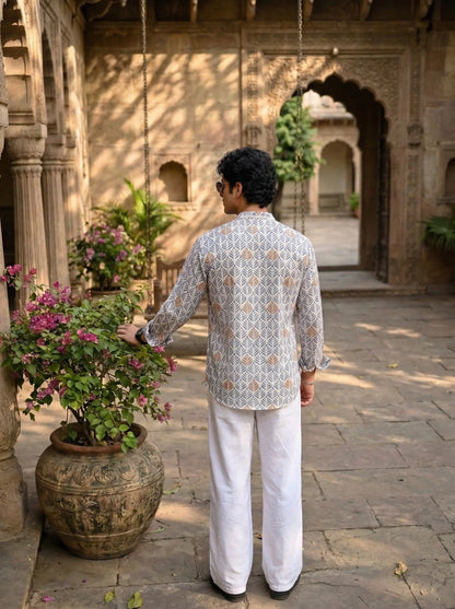 Men’s Blue & Gold Leaf Print Short Kurta – Cotton Casual Ethnic Kurta - Rajvari