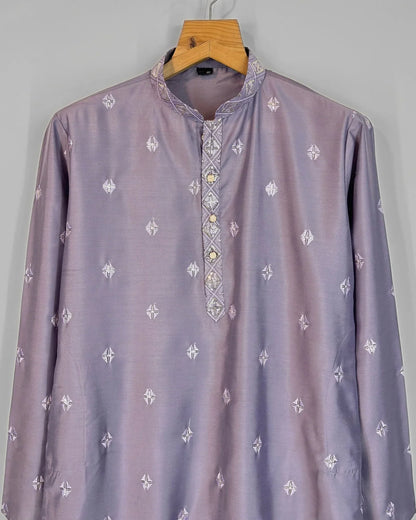 Men’s Lavender Embroidered Long Kurta – Designer Festive Traditional Kurta - Rajvari