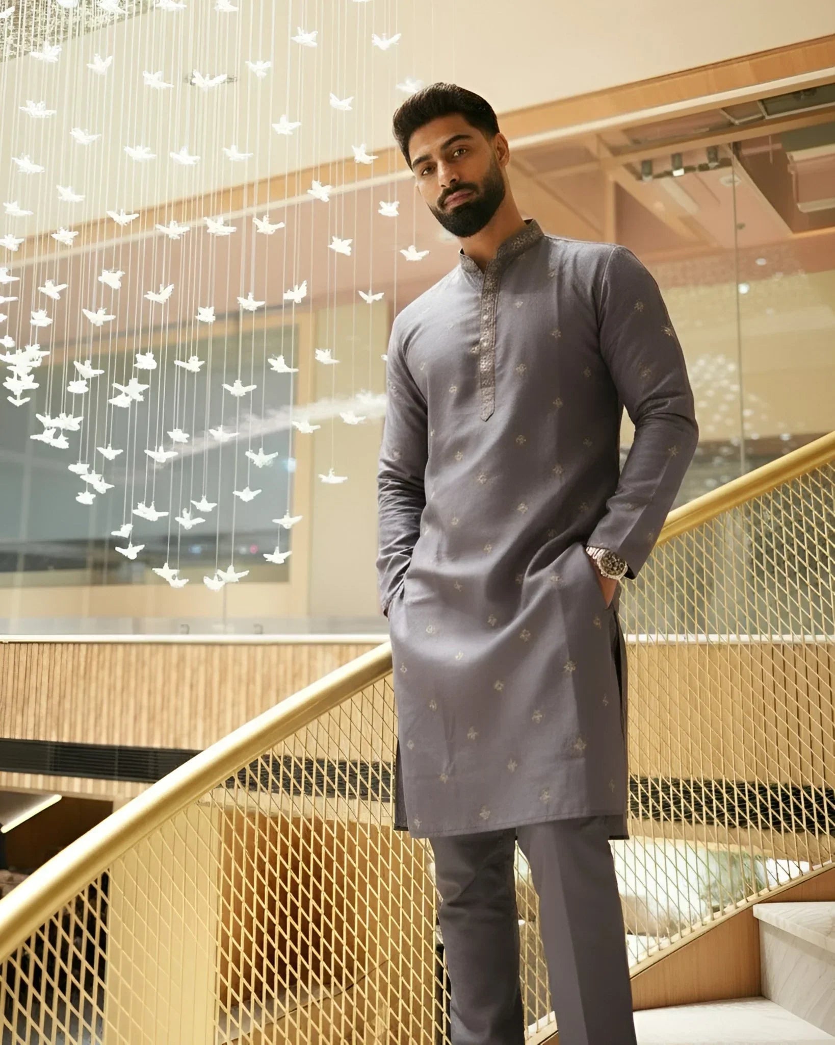 Men’s Lavender Embroidered Long Kurta – Designer Festive Traditional Kurta - Rajvari