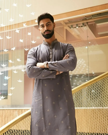 Men’s Lavender Embroidered Long Kurta – Designer Festive Traditional Kurta - Rajvari